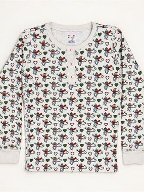 Roller Rabbit Light Long-Sleeve Henley with Multicolor Skater & Heart Print